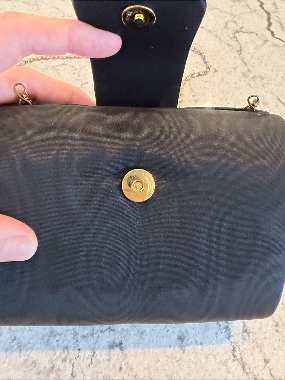Vintage Black Satin Evening Clutch Purse Gold Chain Convertible Handbag